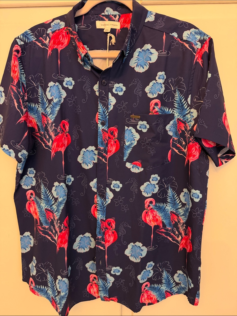 Vintage Summer Men’s Navy Flamingo-Print Button Down Shirt XXL NWT